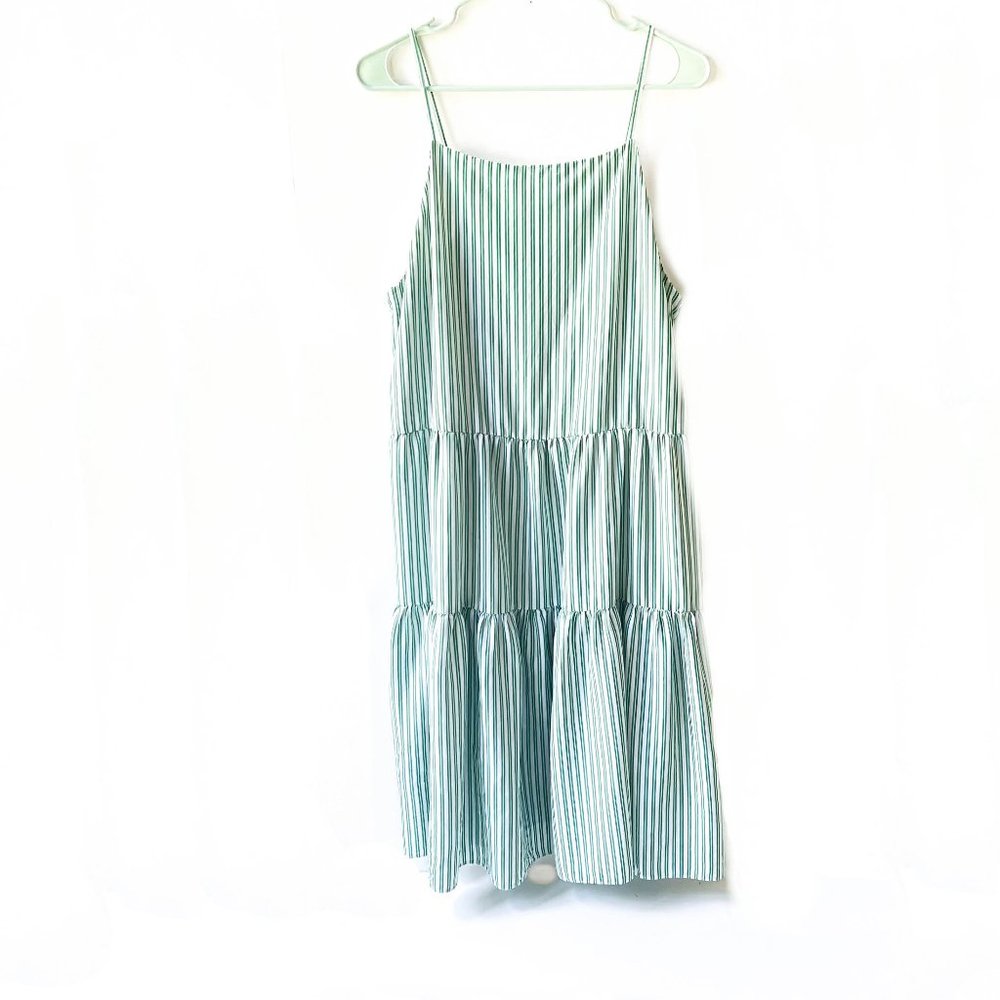 & other stories green + white striped 3-tiered midi dress